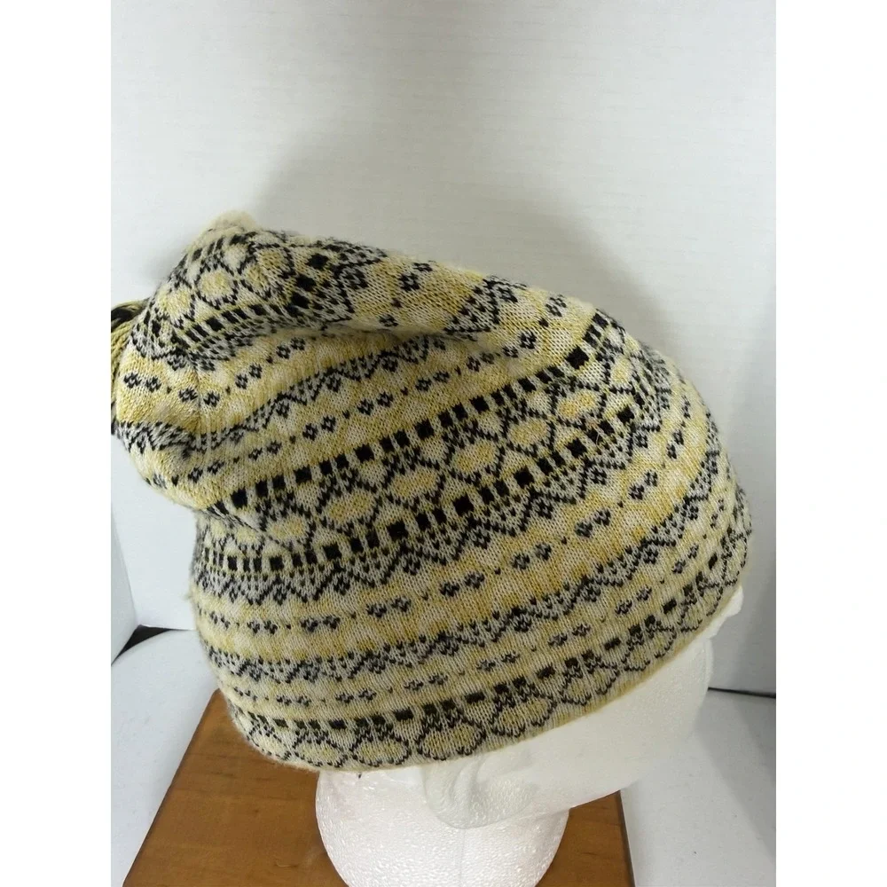 Turtle Fur Merino Wool Fair Isle Beanie Hat Yellow Black Made in Italy OS